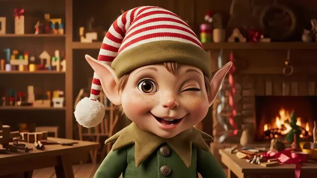 Cheerful elf with pointed ears and striped hat smiles in cozy workshop filled with toys and holiday decor, capturing the spirit of the festive season near a glowing fireplace.