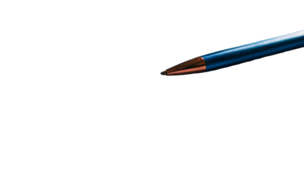 A close up shot of a blue pencil with a copper colored tip on a stark transparent  background studio shot