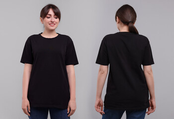 Woman in black t-shirt on grey background. Back and front view. Mockup for design