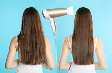 Before and after hair styling. Hair dryer between photos of woman against light blue background