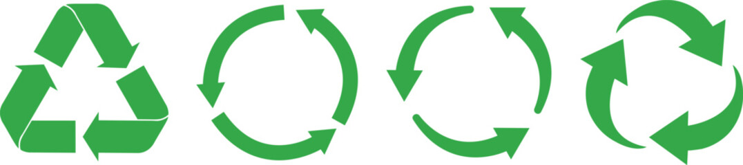 Recycling Icon Variants Vector Set – Green Circular Arrow Symbols Representing Sustainability and Eco-Friendly Concepts on White Background