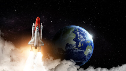 Obraz premium Rocket in space on orbit of planet, banner design