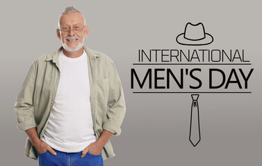 International Men's Day card with hat and necktie illustrations. Happy man on grey gradient...