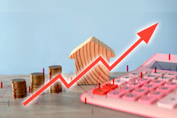 Increase in real estate value. House model, coins and calculator on table. Growing price...