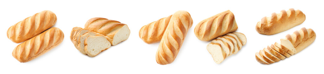 Fresh bread isolated on white, collage. Whole and cut