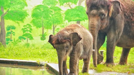 cute baby elephant playing with its mother in the cage, cute baby elephant in the zoo