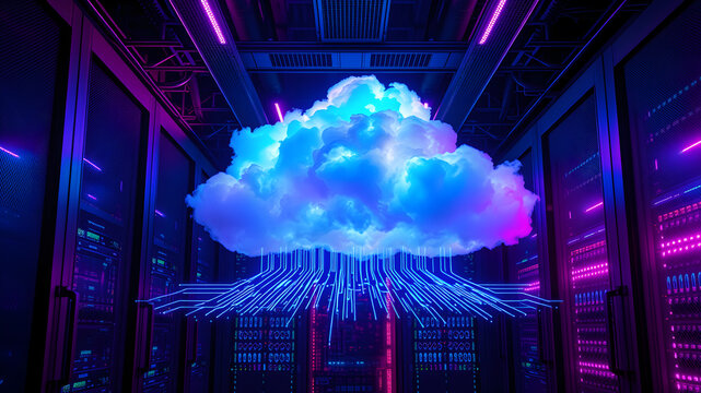 cloud inside server room, vibrant colors, purple and blue tones, data stream below cloud, futuristic design, sleek servers, glowing lights, high-tech atmosphere, immersive data streams,. Generative AI