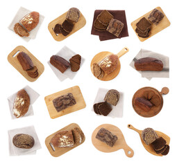 Freshly baked bread on white background, collage. Top view