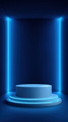 Fototapeta premium Vibrant photo of blue stand product podium 3D background with tunnel glowing neon lighting lines scene. Futuristic minimal wall scene mockup product stage showcase, Promotion.
