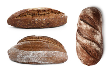 Freshly baked rye bread on white background, collage