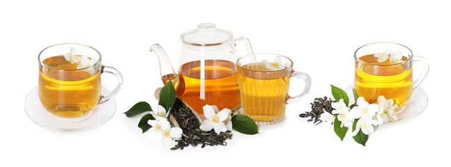 Jasmine tea and flowers isolated on white, set