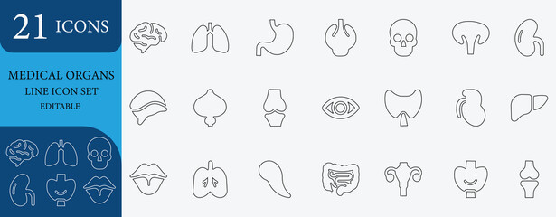 Minimal and clean line icon set of human organs including brain, lungs, heart, liver, kidney, stomach, intestine, bladder and more. Perfect for healthcare, anatomy, and medical use