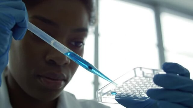 Scientist performing experiment in laboratory with blue liquid and a microplate
