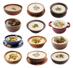Delicious mushroom soups on white background, collage