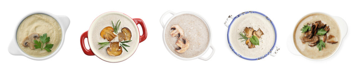 Delicious mushroom cream soups on white background, set. Top view