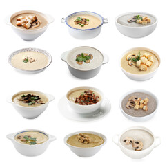 Delicious mushroom cream soups on white background, collage