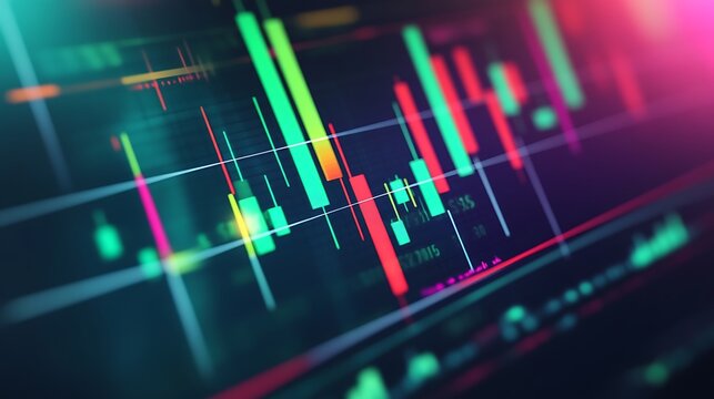 A close up view of a stock market chart with green and red bars on a dark background screen