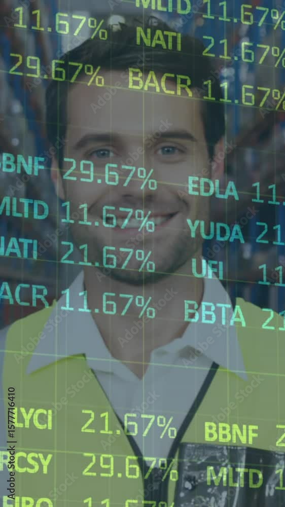 Poster animation of financial data processing over man working in warehouse