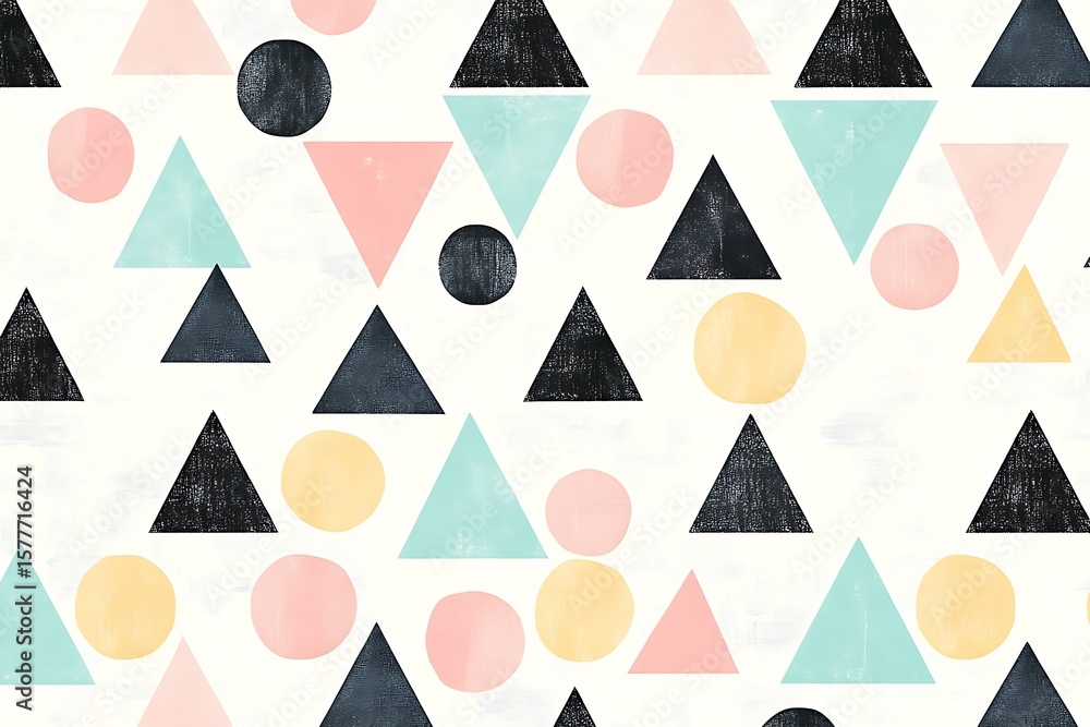 Poster cute pastel triangles and circles in playful repeating pattern