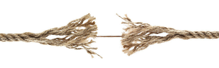 One string connecting almost torn rope on white background