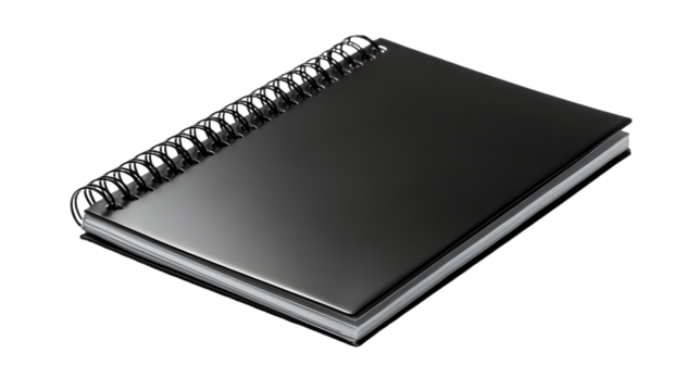 A close up shot of a dark colored spiral notebook with a transparent  background in a studio setting