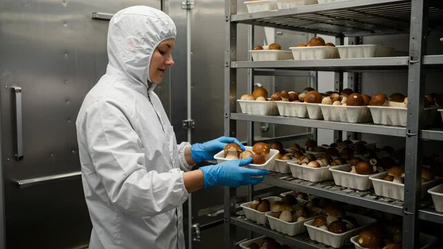 Worker in protective clothing and gloves handles containers of mushrooms in a sterile food production facility. This industrial mushroom processing scene is perfect for biotech, food safety, and agric