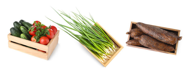 Different fresh vegetables in wooden crates on white background, set. Top view