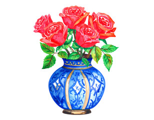 Watercolor Red Rose Bouquet in Ornate Vase, Artistic Illustration Set on White Background PNG