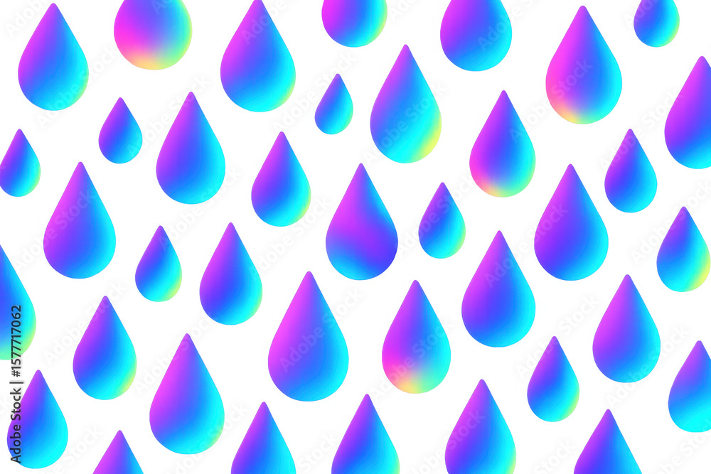 Poster seamless pattern of vibrant neon raindrops falling against a transparent background, creating a colo
