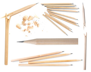 Wooden graphite pencils and shavings on white background, collage