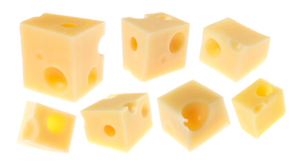 Cubes of fresh cheese on white background, collage