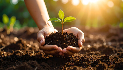 Nurturing New Growth: A gentle pair of hands cradle a tender sprout, its vibrant green leaves reaching towards the golden sun. Embracing life's promise and hope.