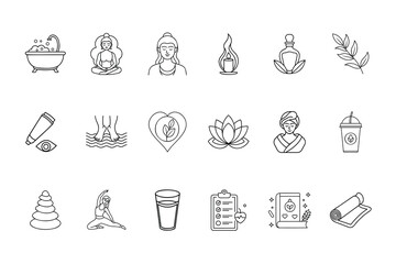 Line icons wellness self care items including yoga meditation spa healthy lifestyle elements