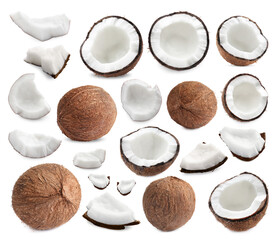 Collage of fresh coconuts isolated on white