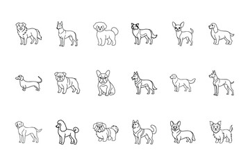 Fototapeta premium Line art illustrations various dog breeds including Labrador Poodle Husky Corgi Yorkshire Terrier