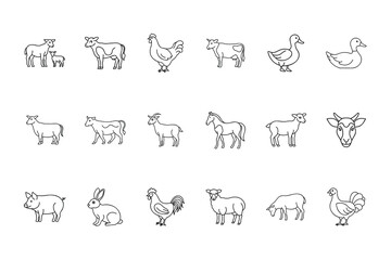 Line art farm animal icons including cow duck sheep pig horse goat rabbit rooster hen Bundle