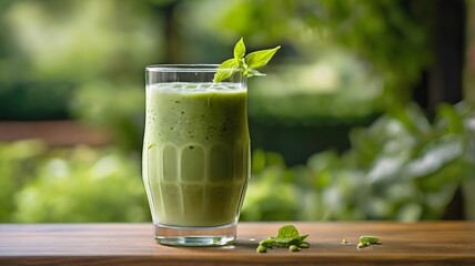 Refreshing green smoothie with basil garnish on a wooden table against a blurred green background