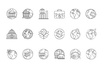 Line icons global business international trade concepts with Earth globes related symbols