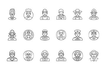 Diverse Professional Occupations Avatars: Line Art Worker Icon Set