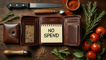 Empty wallet with 'No Spend' sticky note on wooden table with herbs  