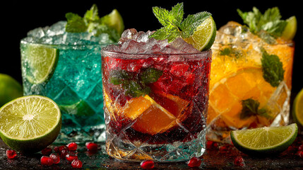 Three colorful fruit cocktails in frosty glasses, packed with ice and fresh fruit, garnished with mint and lime slices
