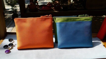 Colorful Cosmetic Bags on White Surface in Sunlit Environment