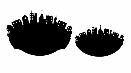 Two cityscapes silhouetted on curved earth shapes