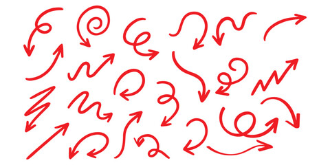 Arrows hand drawn doodle icons set. Curved cartoon arrows sketches collection. Flat and thin pointers illustrations. Scribble swirl arrow signs.