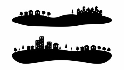 Two silhouette landscapes with buildings and trees