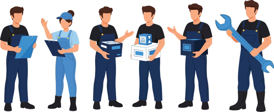 Group of workers in blue overalls with boxes and tools on white background
