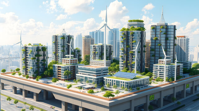 The future of sustainable real estate with renewable energy projects solar energy and create a realistic image of future city buildings on a 3D platform featuring a green cityscape.. Generative AI