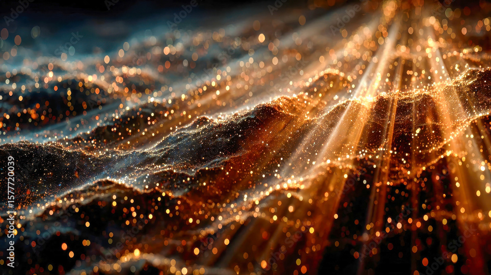 Poster abstract scene of fluid golden waves shimmering with bokeh and sparkling particles, evoking movement