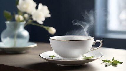 Steaming Teacup with Delicate Floral Background
