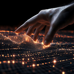 A human hand interacts with a glowing, intricate digital interface, suggesting touch-based control of complex data